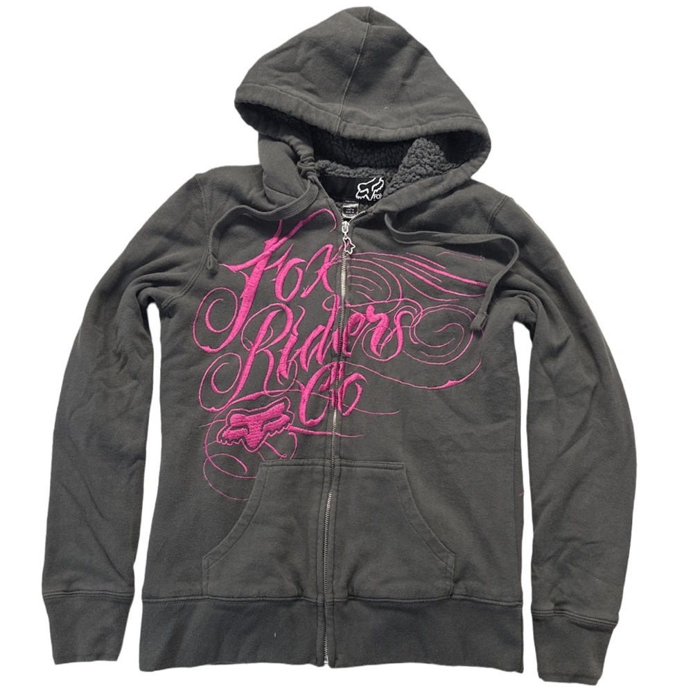 FOX RACING women's grey + pink graphic sherpa full zip hoodie, M.